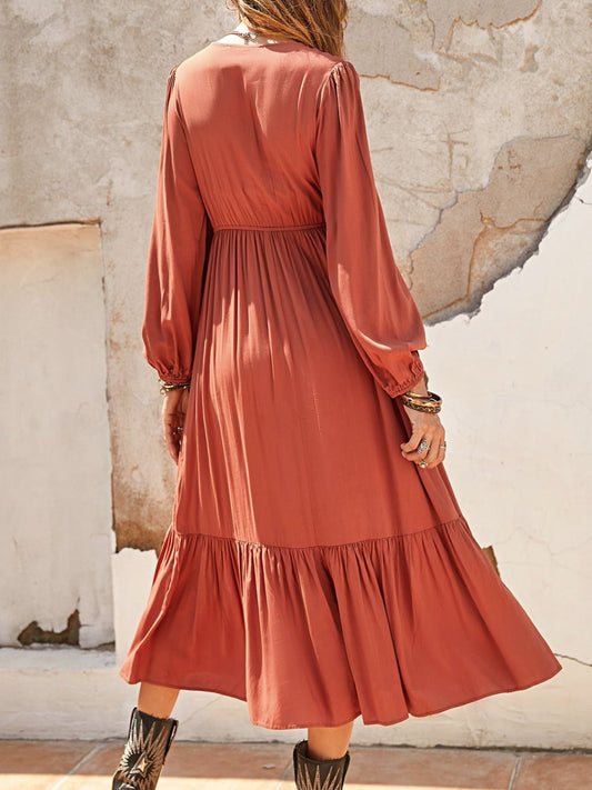 Ruched V-Neck Long Sleeve Midi Dress - Classique Collection