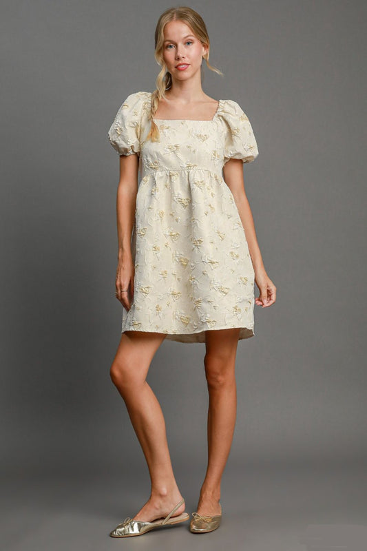 Umgee Heart Jacquard Square Neck Puff Sleeve Mini Dress - Classique Collection
