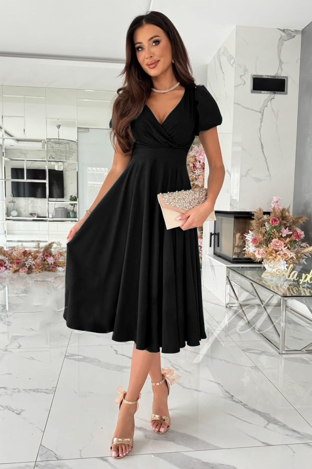 Surplice Puff Sleeve Midi Dress - Classique Collection