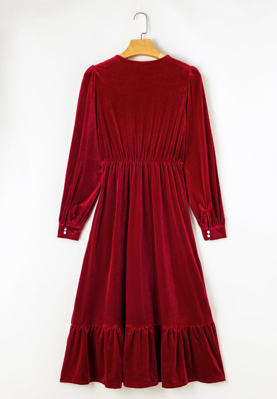 Ruffle Hem Slit V-Neck Long Sleeve Dress - Classique Collection