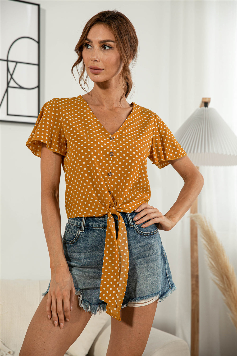 Decorative Button V-Neck Tied Blouse - ClassiQ