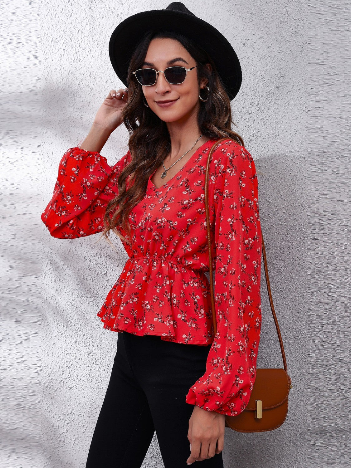 Floral V-Neck Balloon Sleeve Peplum Blouse - Classique Collection