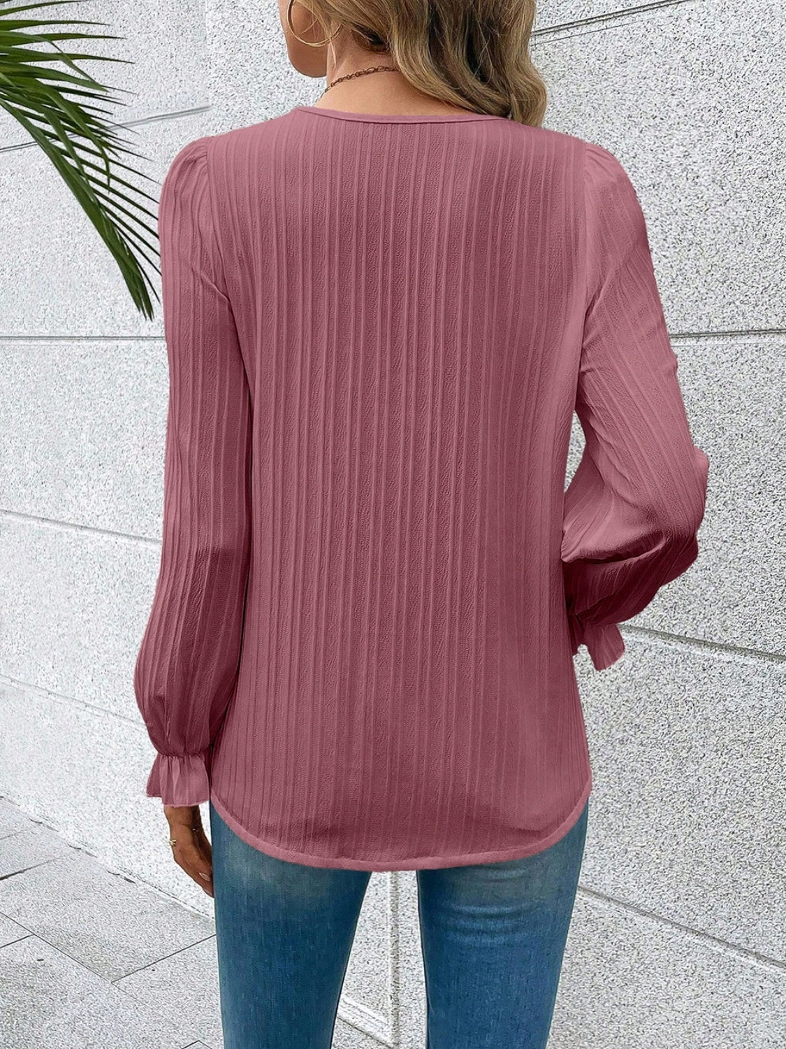 V-Neck Lace Detail Flounce Sleeve Blouse - Classique Collection