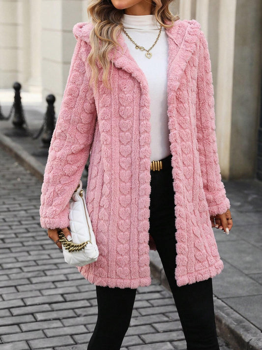 Heart Open Front Hooded Fuzzy Coat - ClassiQ