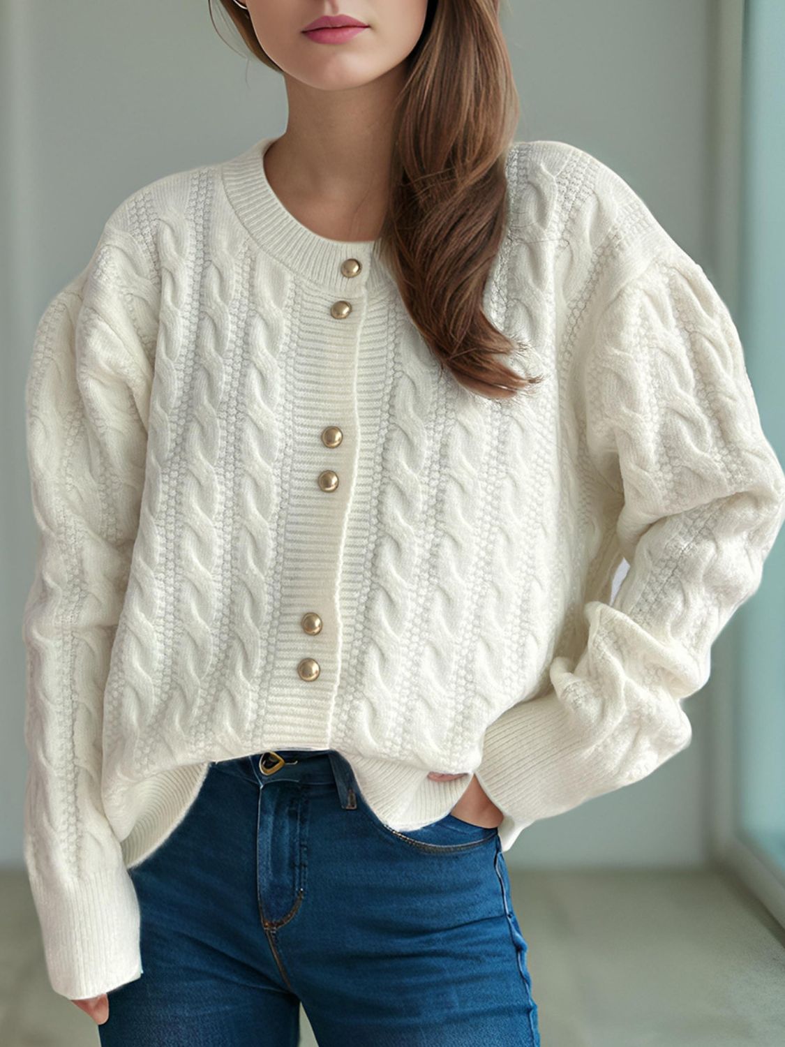 Cable-Knit Round Neck Long Sleeve Cardigan - ClassiQ