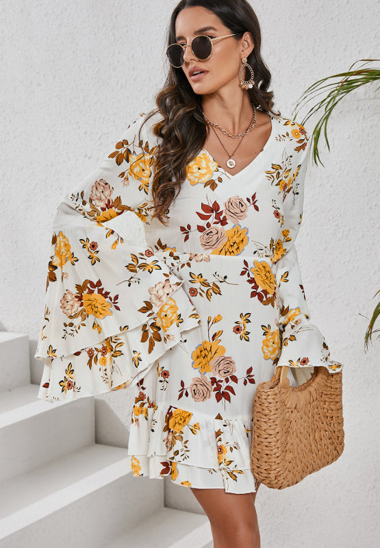 Printed V-Neck Flare Sleeve Mini Dress - Classique Collection
