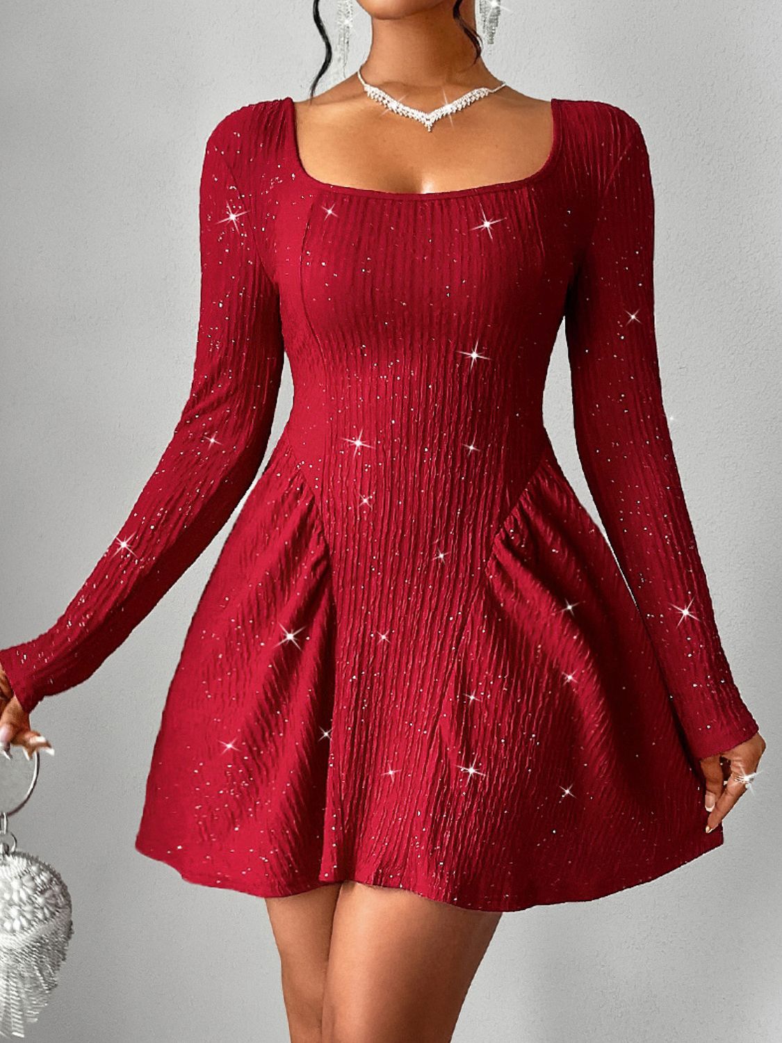 Backless Glitter Square Neck Long Sleeve Mini Dress - Classique Collection