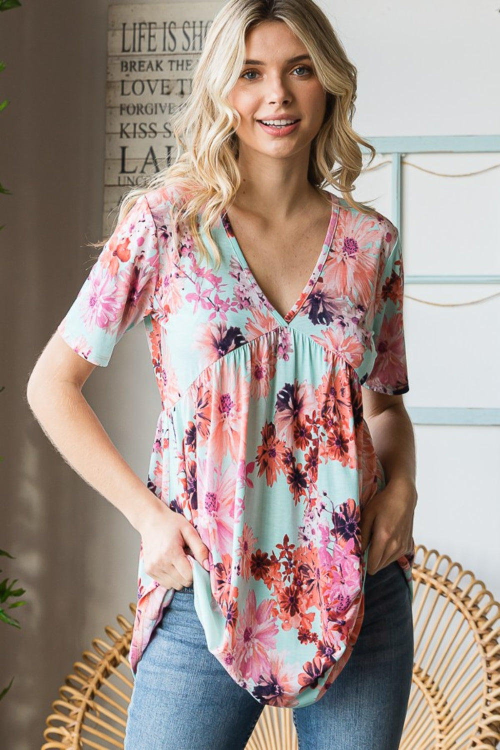 Heimish Full Size Floral V-Neck Short Sleeve Babydoll Blouse - Classique Collection