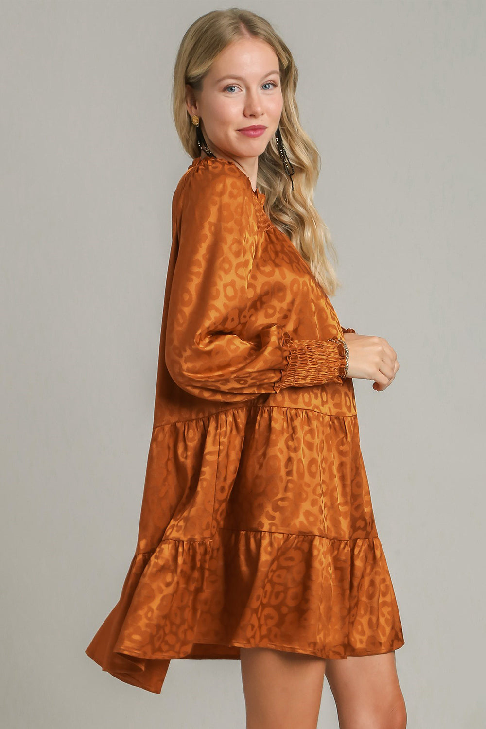 Umgee Smocked Leopard Long Sleeve Tiered Dress - Classique Collection