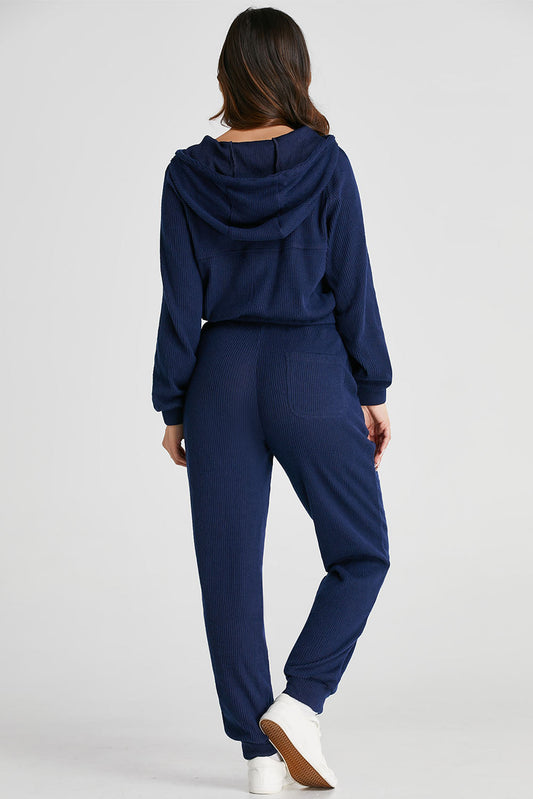 Navy Blue Ribbed Knit Cropped Hoodie and Drawstring Joggers Set ClassiQ