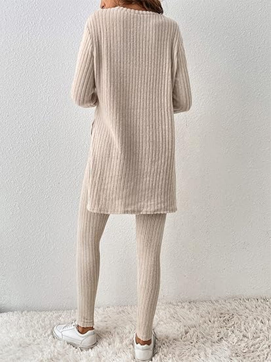 Side Slit Round Neck Long Sleeve Top and Pants Set - ClassiQ