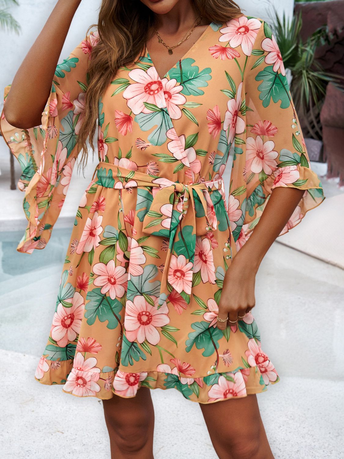 Devine Ruffled Printed Surplice Half Sleeve Mini Dress - Classique Collection