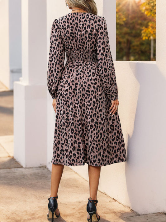 Perfee Leopard Surplice Long Sleeve Midi Dress - Classique Collection