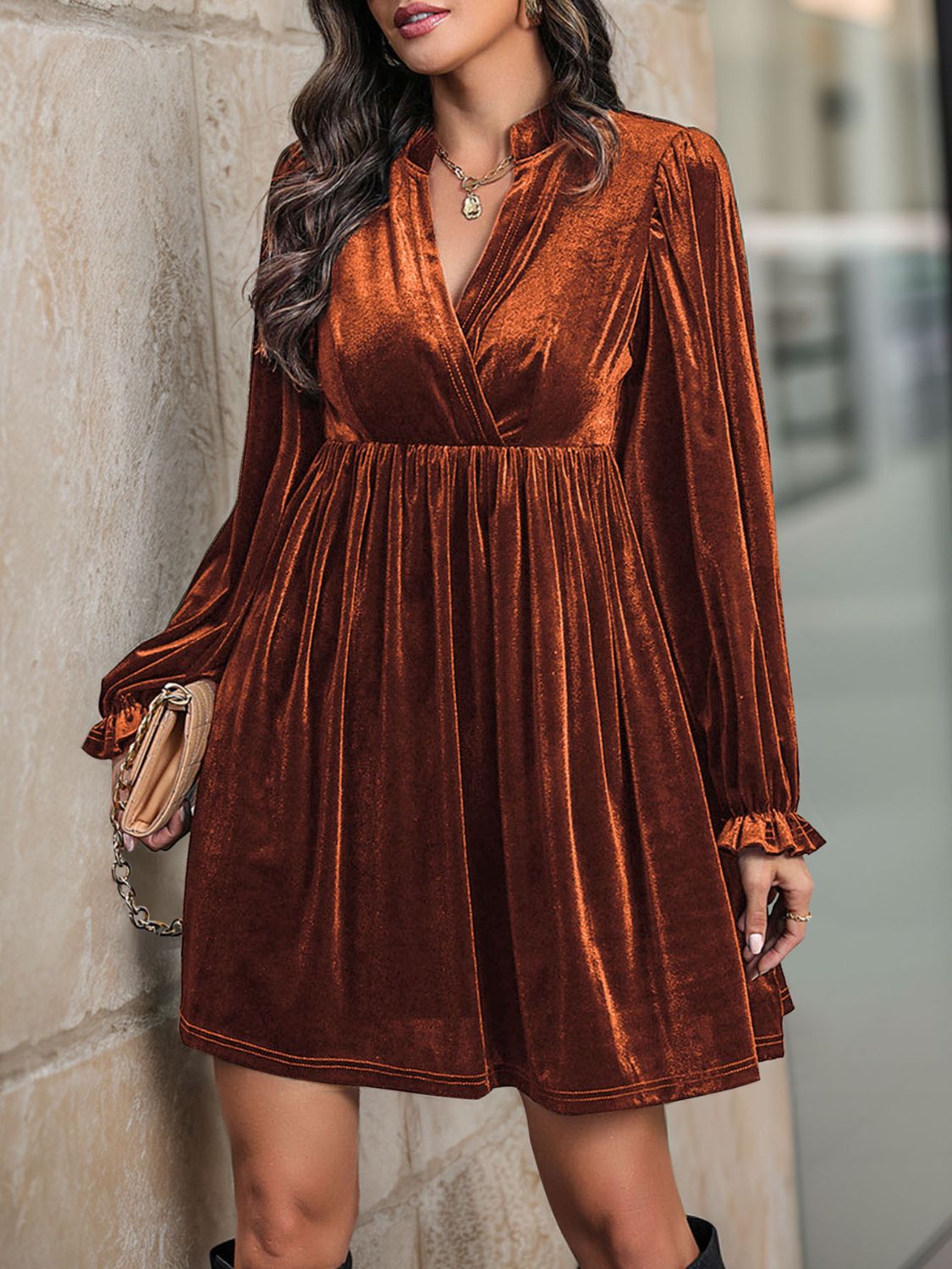 Perfee Ruched Surplice Long Sleeve Mini Dress - Classique Collection