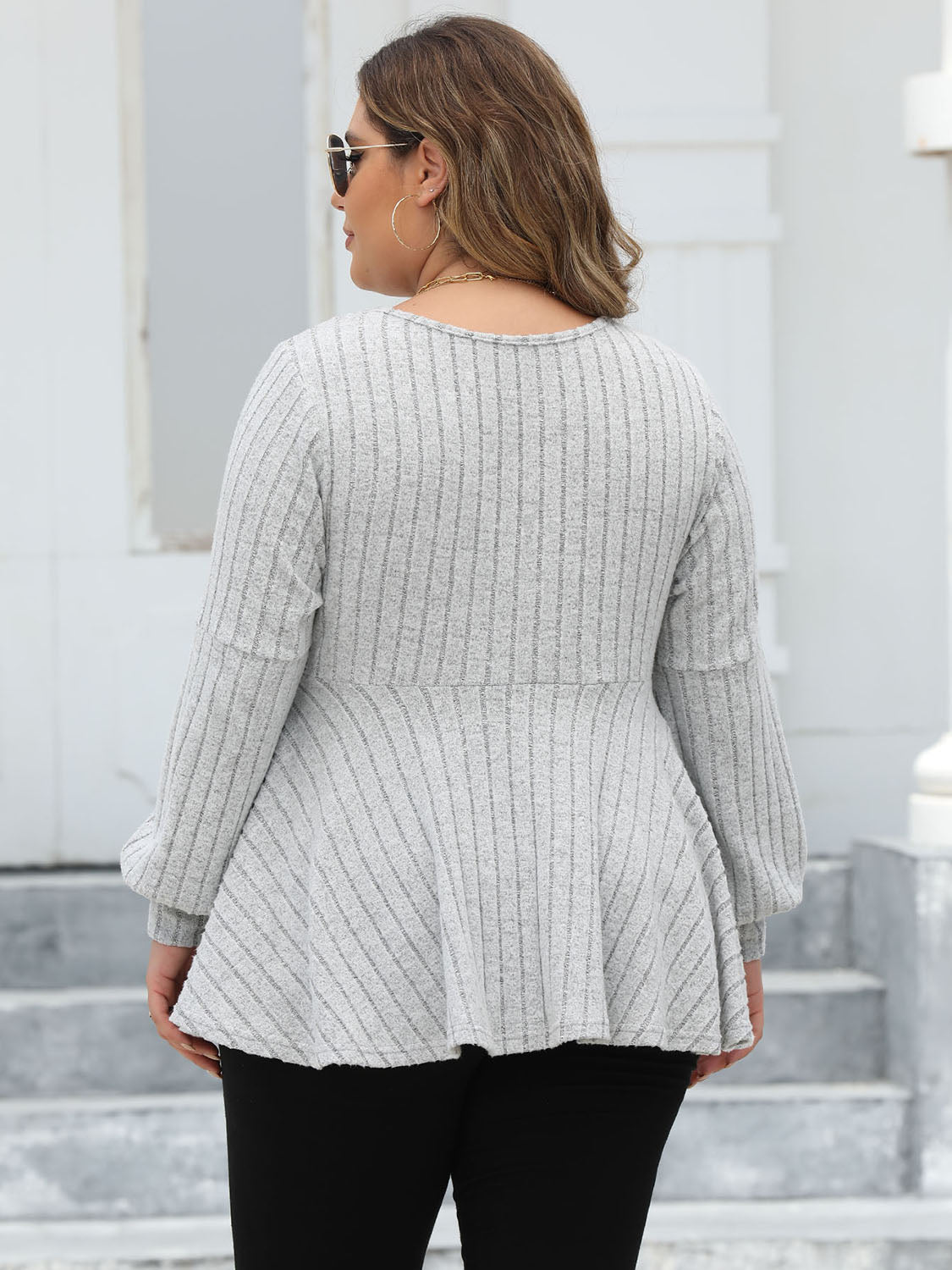 Plus Size Ribbed V-Neck Long Sleeve Blouse - Classique Collection