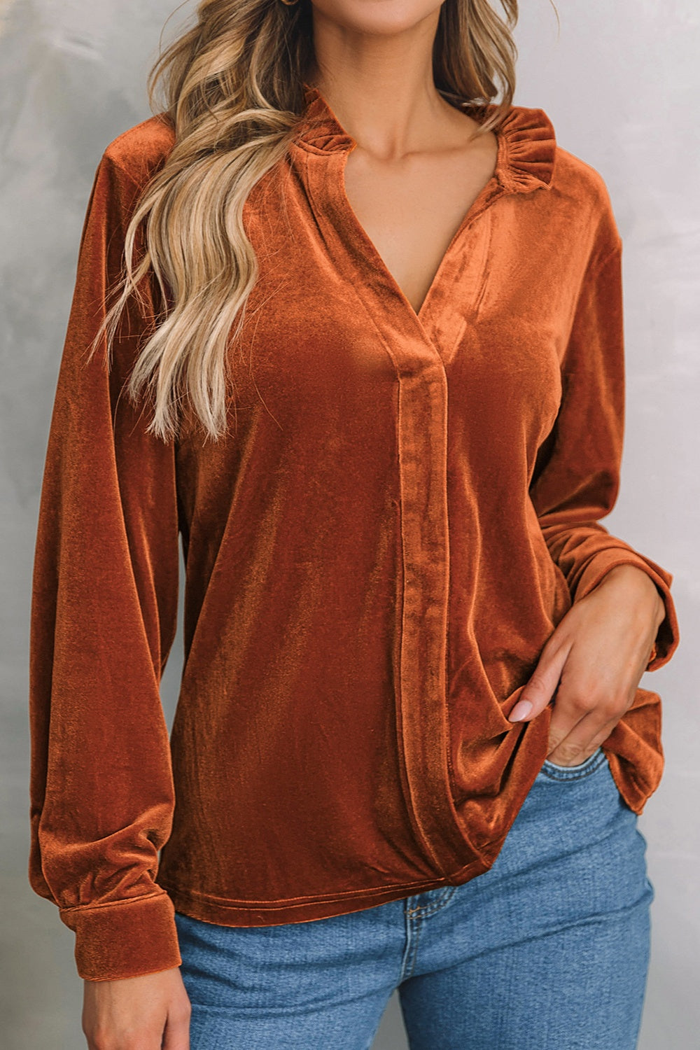 Notched Frill Detail Long Sleeve Blouse - Classique Collection