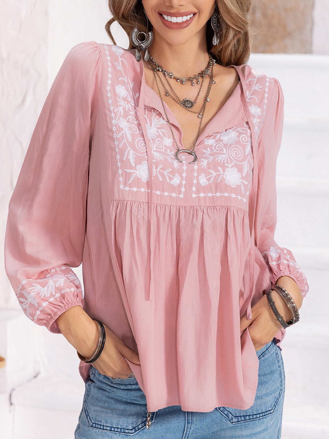 Floral Tie Neck Balloon Sleeve Blouse - Classique Collection