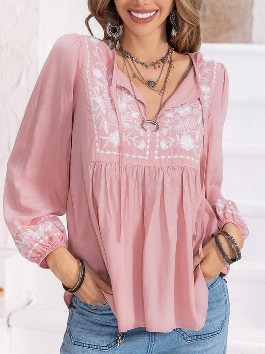 Floral Tie Neck Balloon Sleeve Blouse - Classique Collection