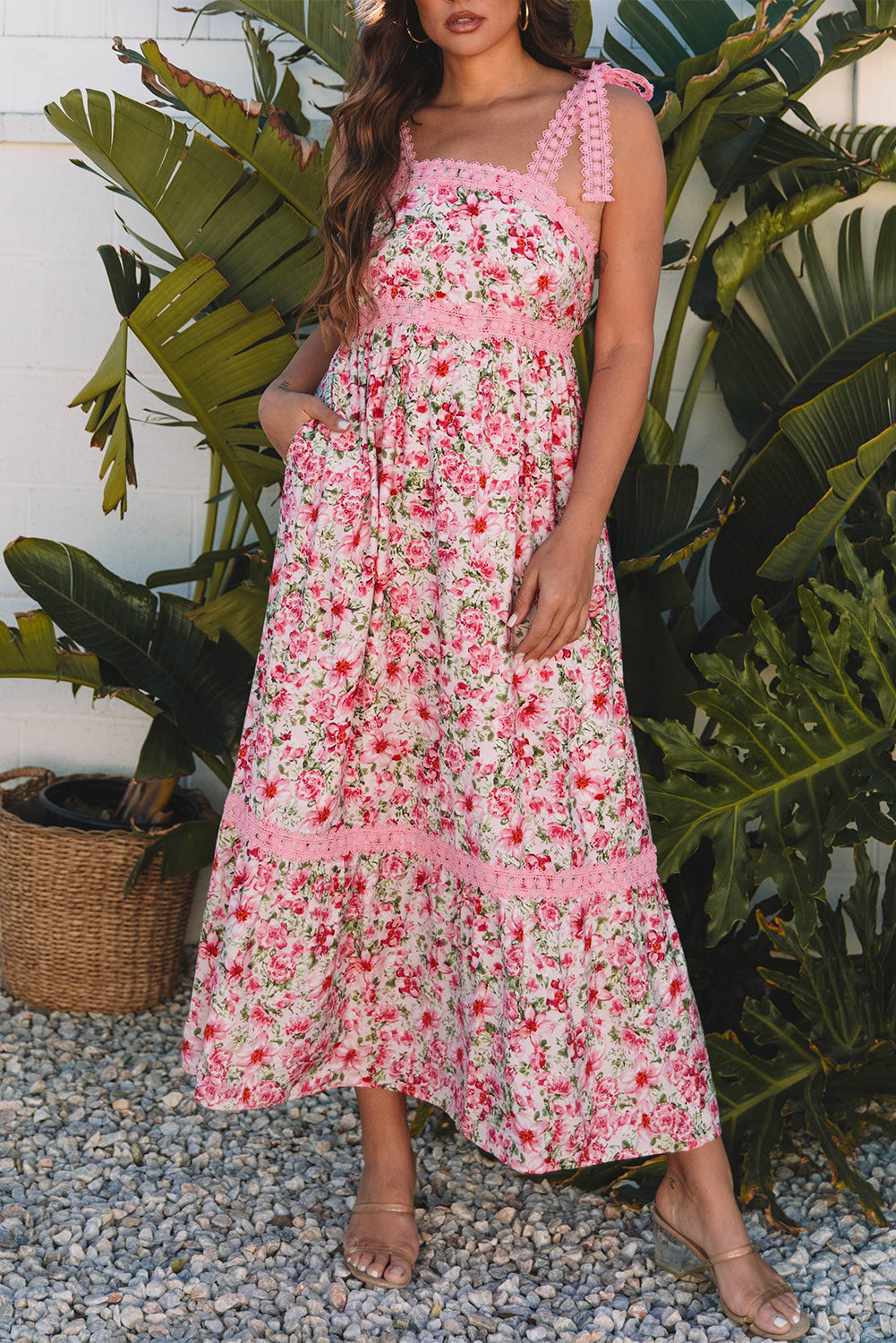 Pink Floral Lace Tied Strap Empire Waist Maxi Dress ClassiQ