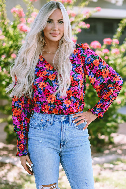Flower Surplice Long Sleeve Top - Classique Collection
