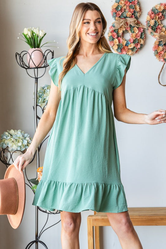 Heimish Full Size Short Sleeve V Neck Ruffled Hem Dress - Classique Collection