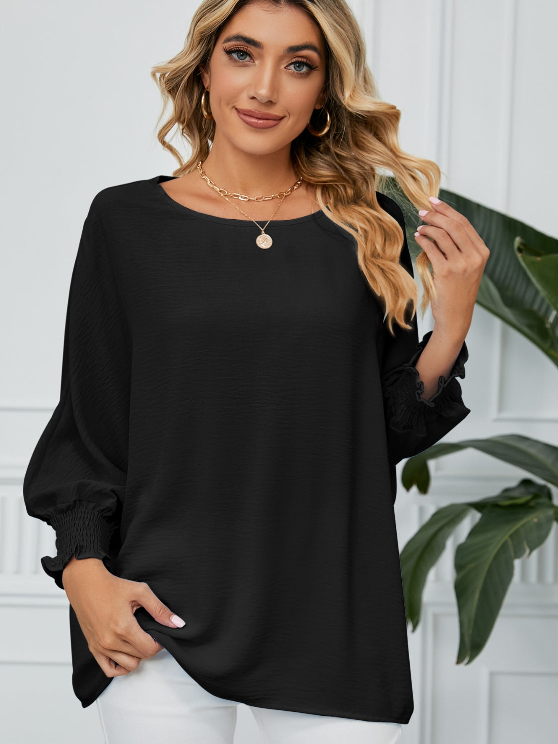 Smocked Lantern Sleeve Round Neck Blouse - Classique Collection