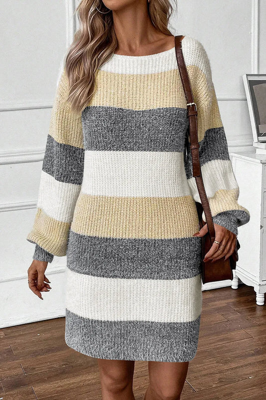 Color Block Boat Neck Long Sleeve Sweater Dress - Classique Collection