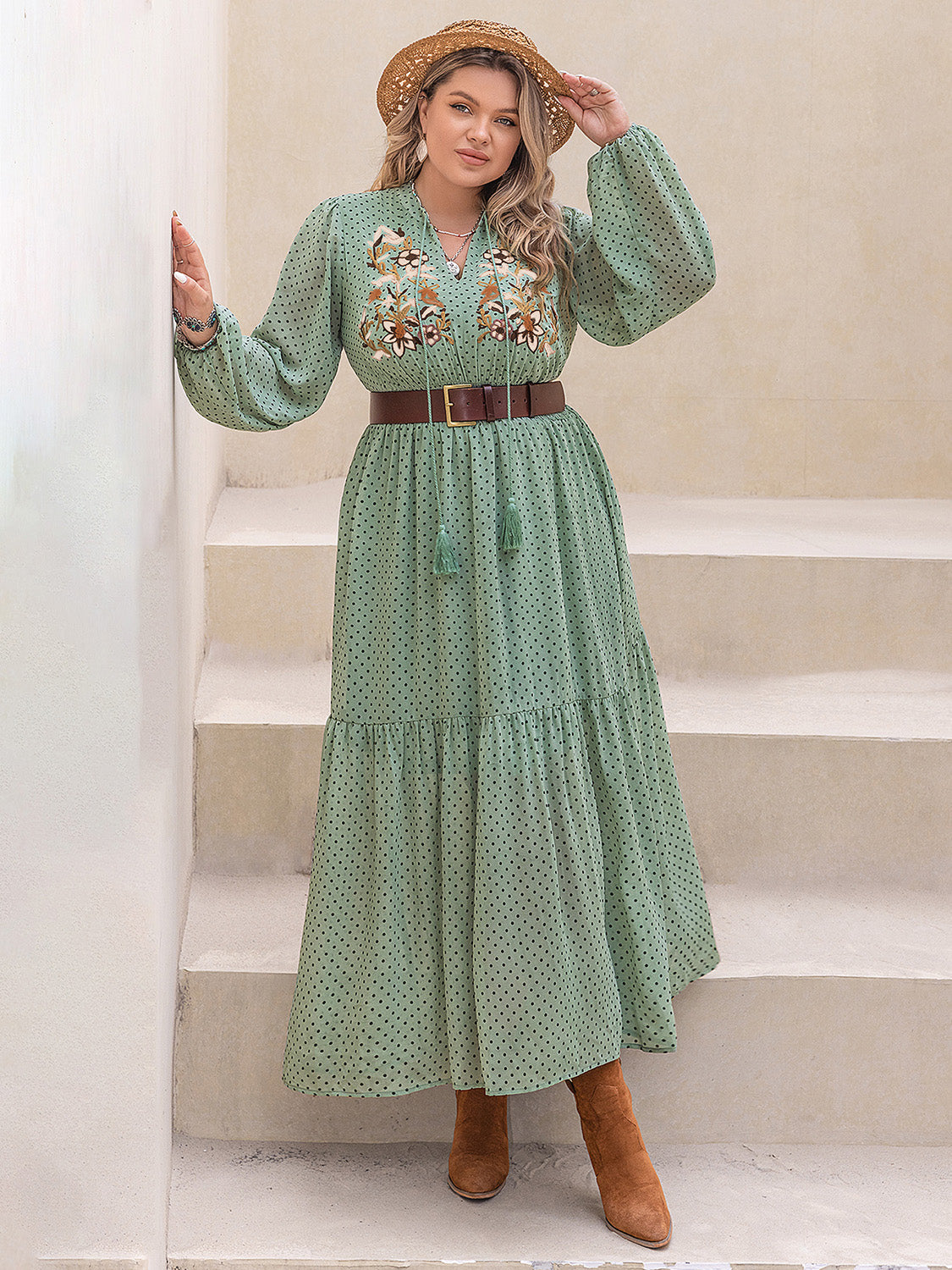 Plus Size Tassel Printed Tie Neck Long Sleeve Midi Dress - Classique Collection