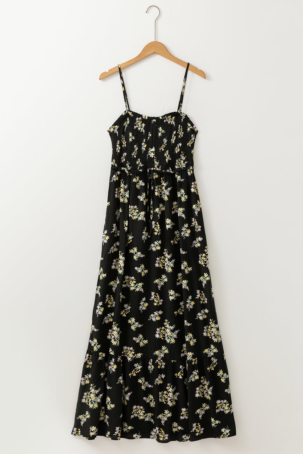 Black Floral Spaghetti Strap Shirred Bodice Tied Empire Waist Maxi Dress ClassiQ