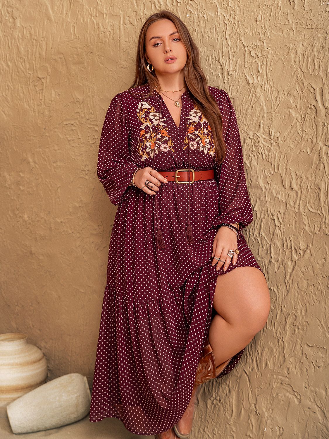 Plus Size Embroidered Polka Dot Tie Neck Long Sleeve Midi Dress - Classique Collection