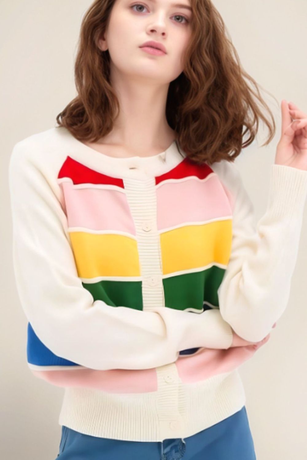 Contrast Button Down Long Sleeve Cardigan - ClassiQ