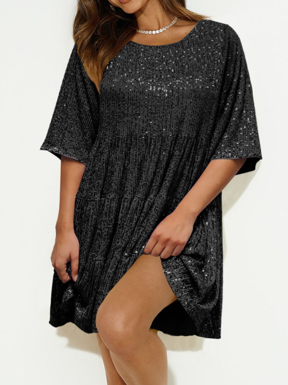Sequin Round Neck Half Sleeve Mini Dress - Classique Collection