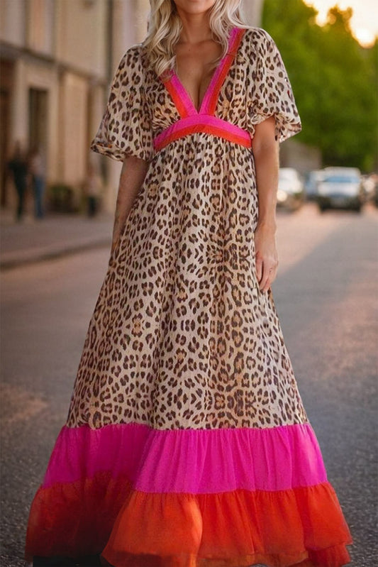 Full Size Leopard V-Neck Half Sleeve Maxi Dress - Classique Collection