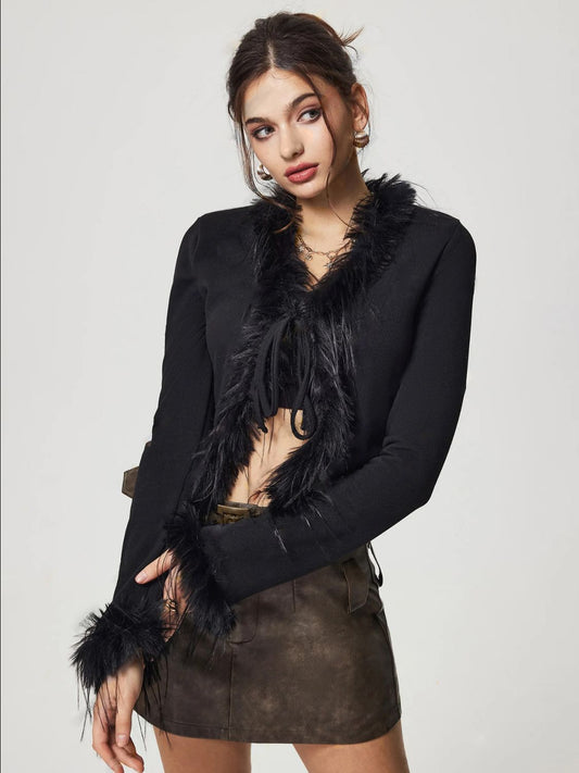 Tied Fuzzy Trim Long Sleeve Knit Cardigan - ClassiQ