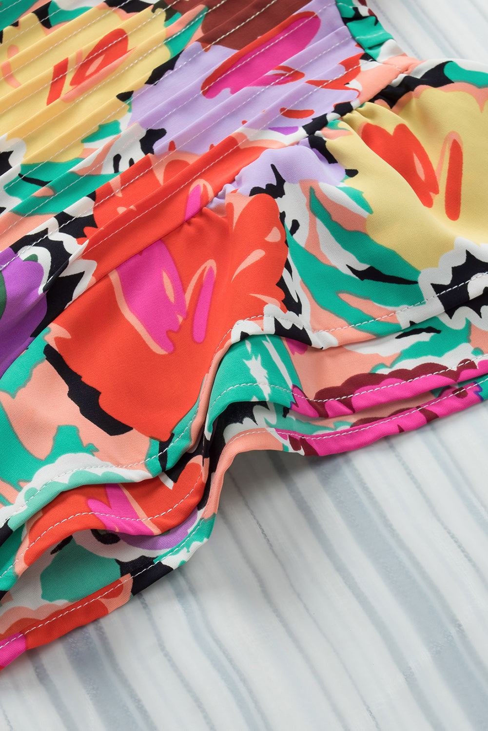 Multicolored Flutter Sleeve Mock Neck Blouse - Classique Collection