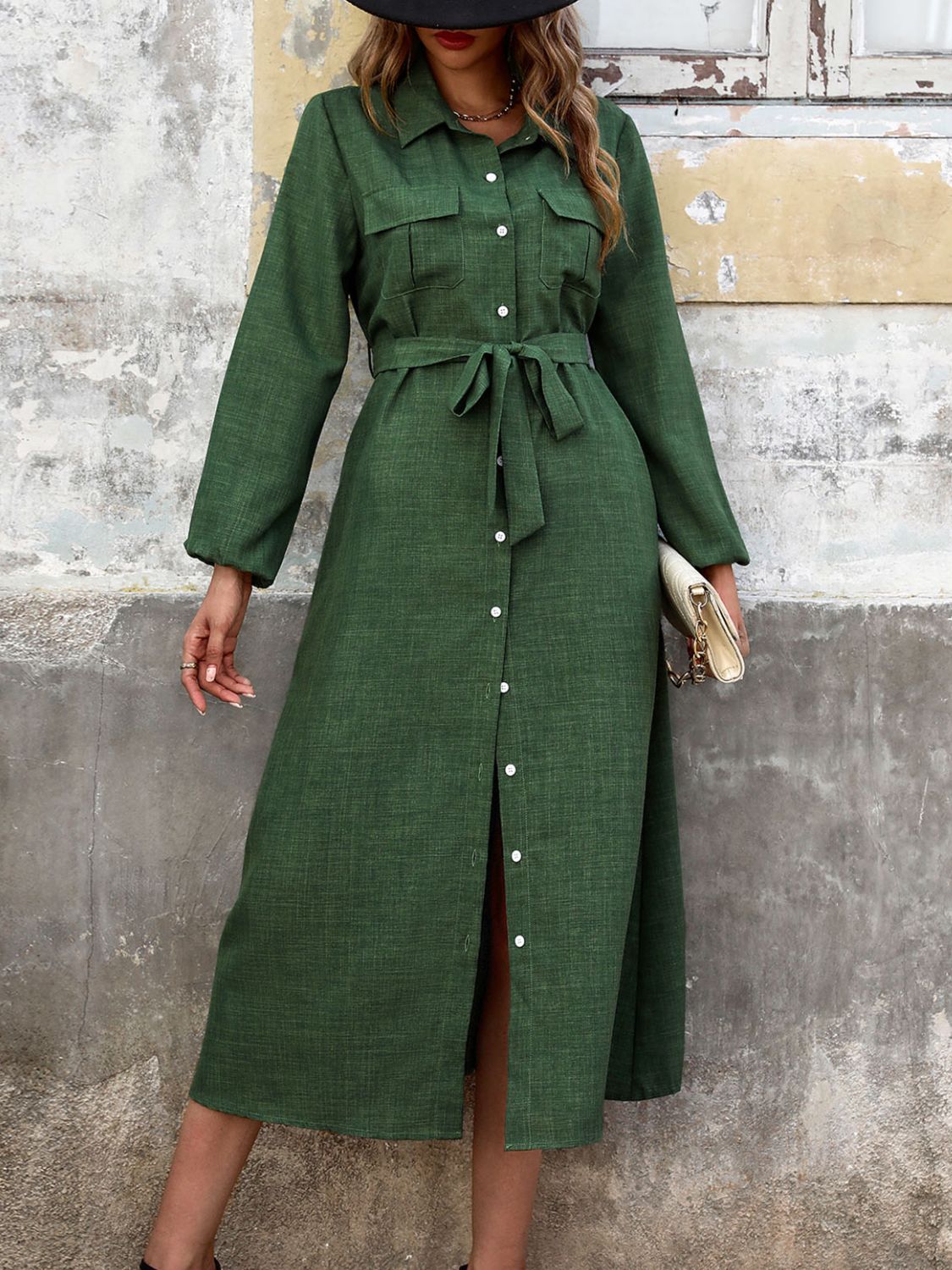 Perfee Collared Neck Long Sleeve Midi Shirt Dress - Classique Collection
