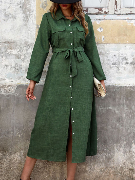 Perfee Collared Neck Long Sleeve Midi Shirt Dress - Classique Collection