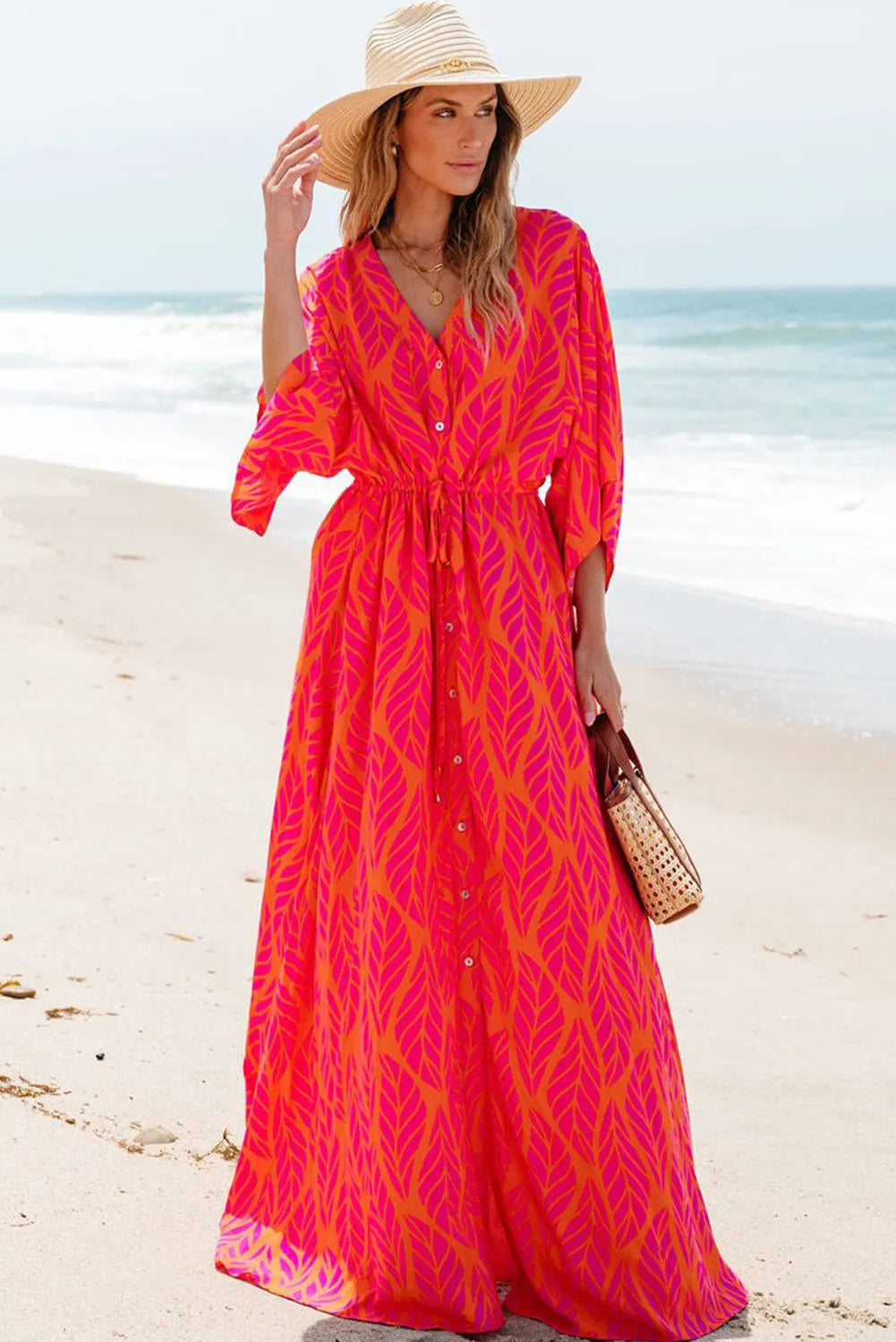 Drawstring Printed V-Neck Maxi Dress - Classique Collection