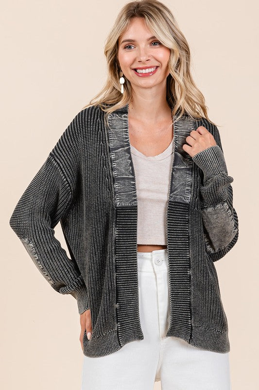 Mittoshop Contrast Patch Open Front Mineral Wash Cardigan - ClassiQ