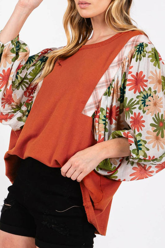 Printed Round Neck Balloon Sleeve Blouse - Classique Collection