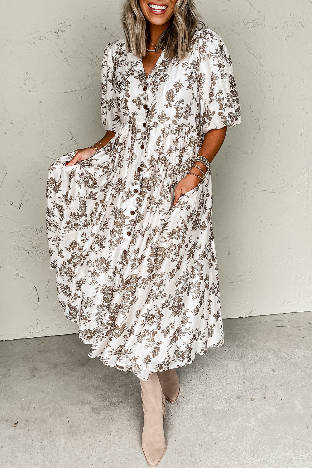 Khaki Floral Puff Sleeve V Neck Buttoned Front Maxi Dress ClassiQ