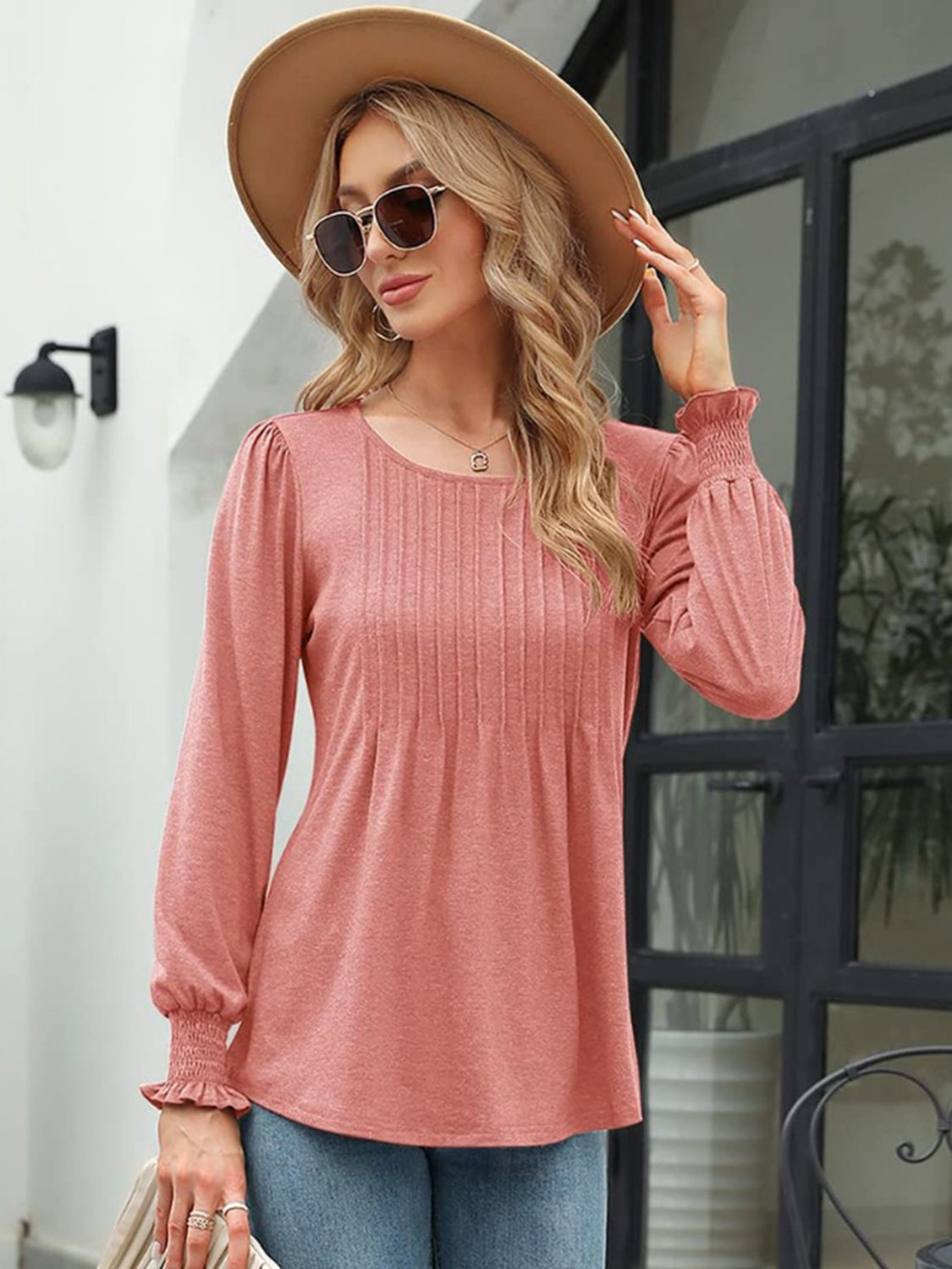 Smocked Round Neck Lantern Sleeve Blouse - Classique Collection