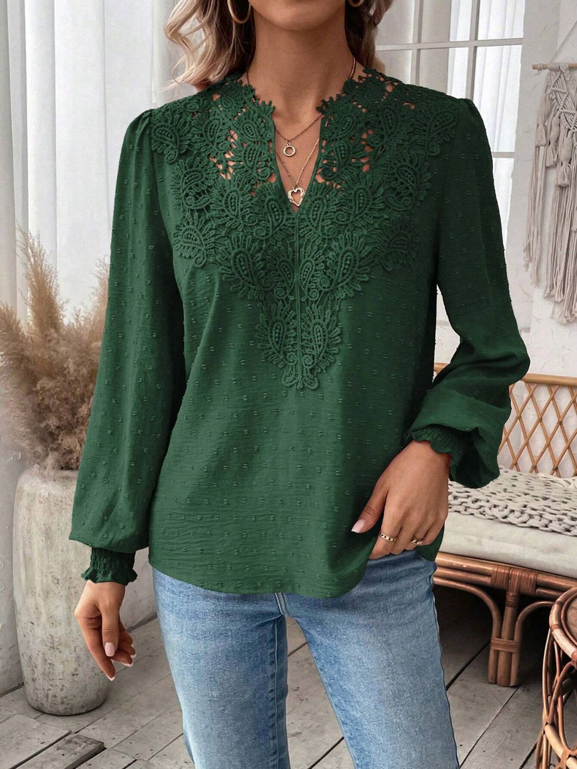Swiss Dot Lace Detail Notched Long Sleeve Blouse - Classique Collection