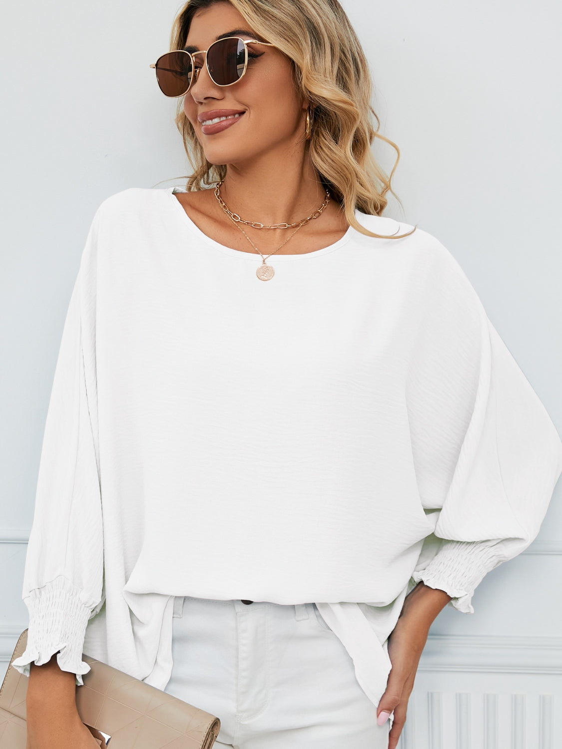 Smocked Lantern Sleeve Round Neck Blouse - Classique Collection