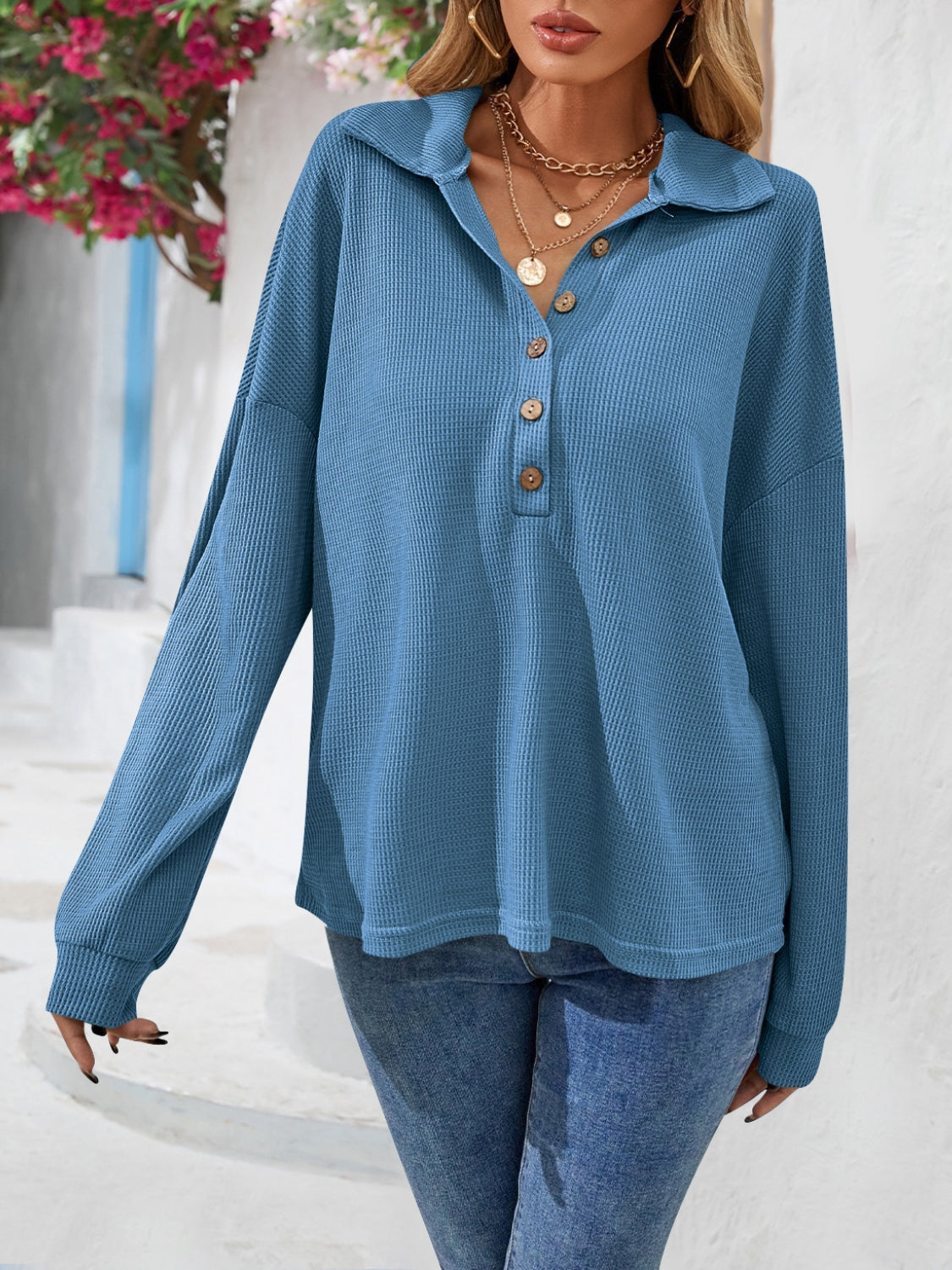 Half Button Collared Neck Long Sleeve Top - Classique Collection