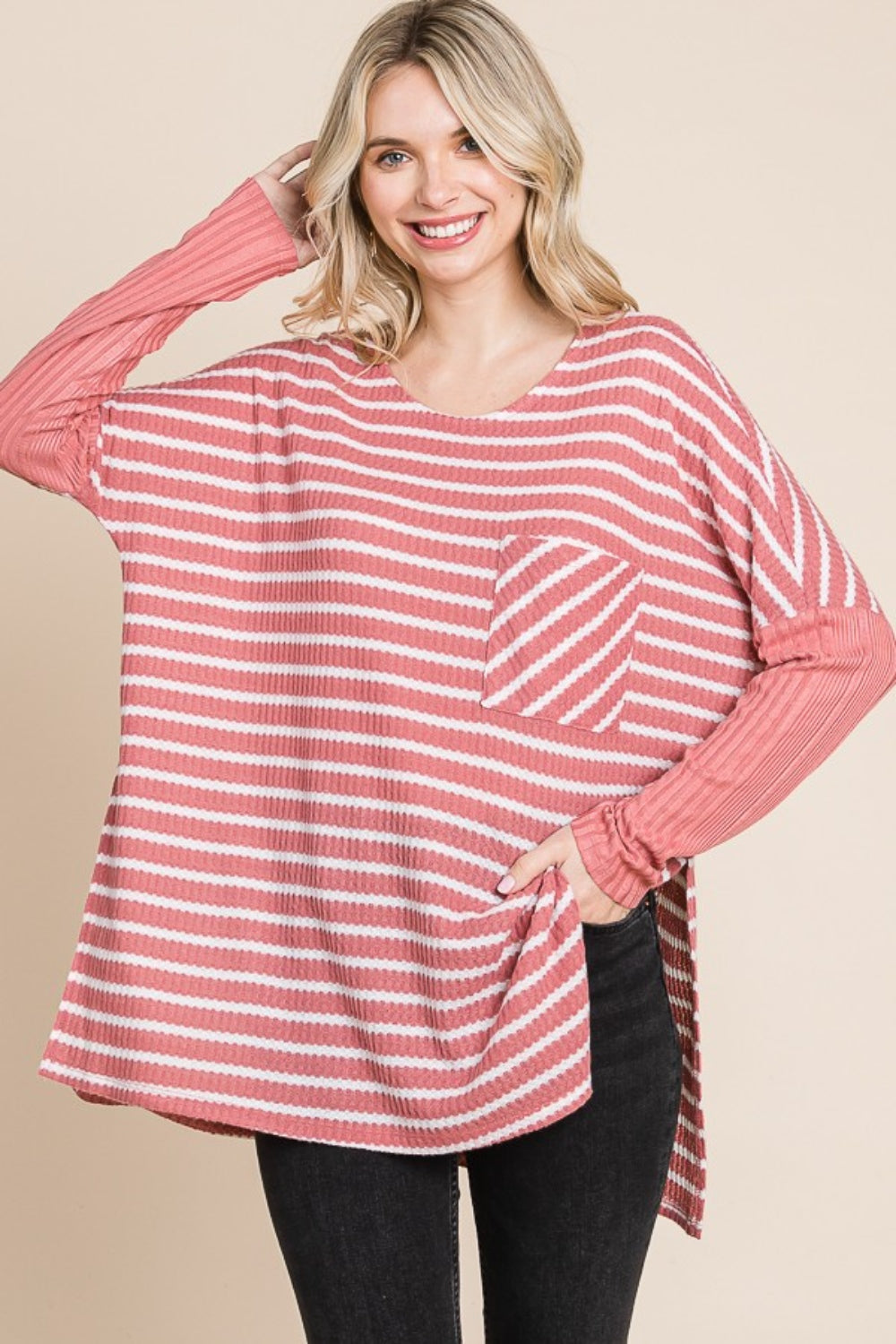 Culture Code Oversize Striped Round Neck Long Sleeve Slit T-Shirt - Classique Collection