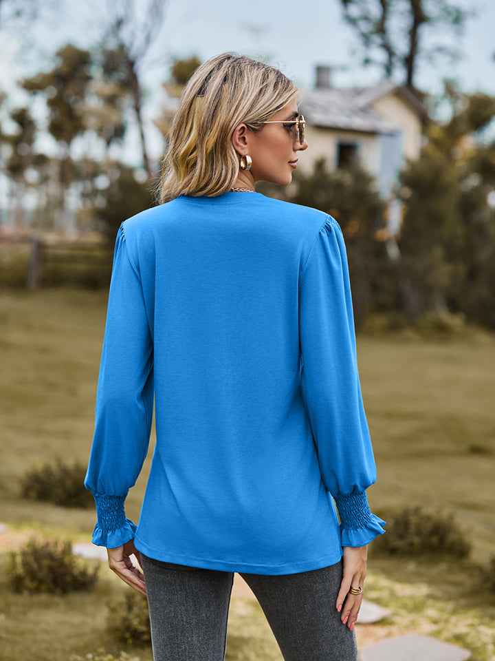 Notched Neck Flounce Sleeve Blouse - Classique Collection