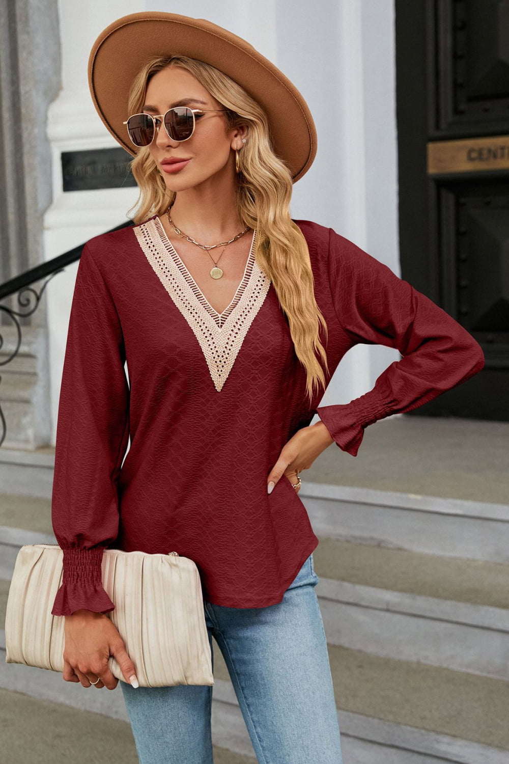 V-Neck Flounce Sleeve Blouse - Classique Collection