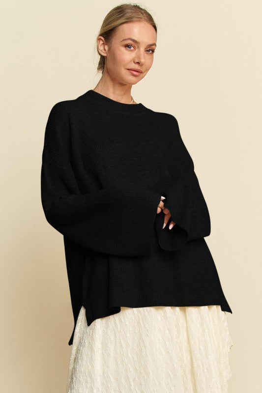 Davi & Dani High-Low Round Neck Drop Shoulder Sweater - ClassiQ