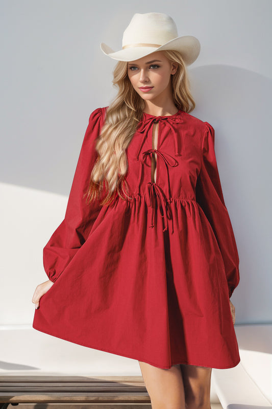 Double Take Christmas Front Tied Long Sleeve Mini Dress - Classique Collection